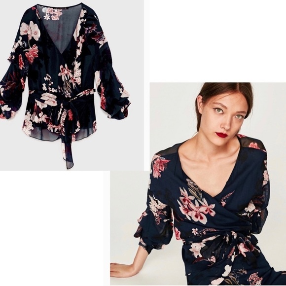 ZARA navy blue pink floral flower chiffon wrap blouse side tie Sz XS - Picture 2 of 11